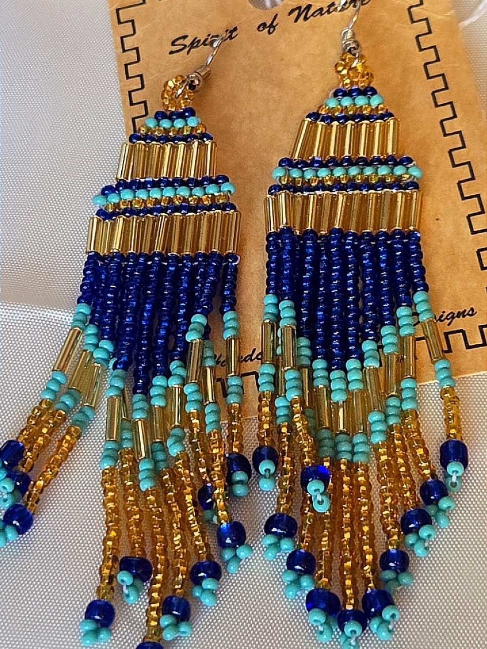 Handcrafted Blue, Gold & Turquoise Beaded Fringe Earrings -